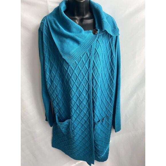 Vintage Anthony Richards Cable Knit Longline Teal Blue Cardigan Sweater Size L - Picture 1 of 12